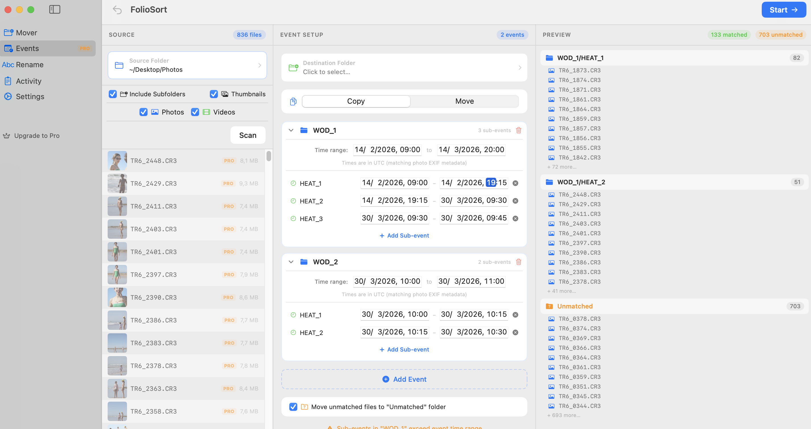 FolioSort Events interface — define time blocks and auto-sort photos from multiple cameras into named folders