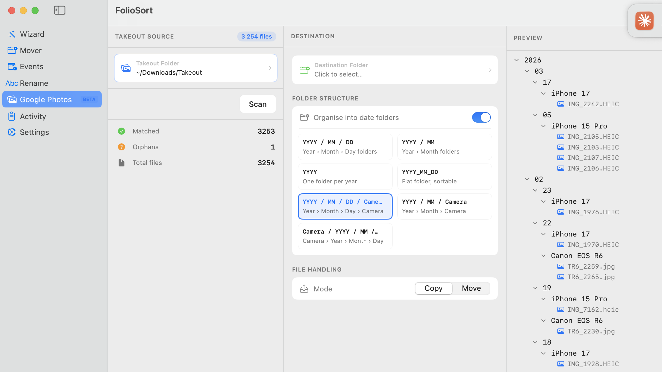 FolioSort Google Photos — importa Takeout, restaura metadatos y organiza tu biblioteca