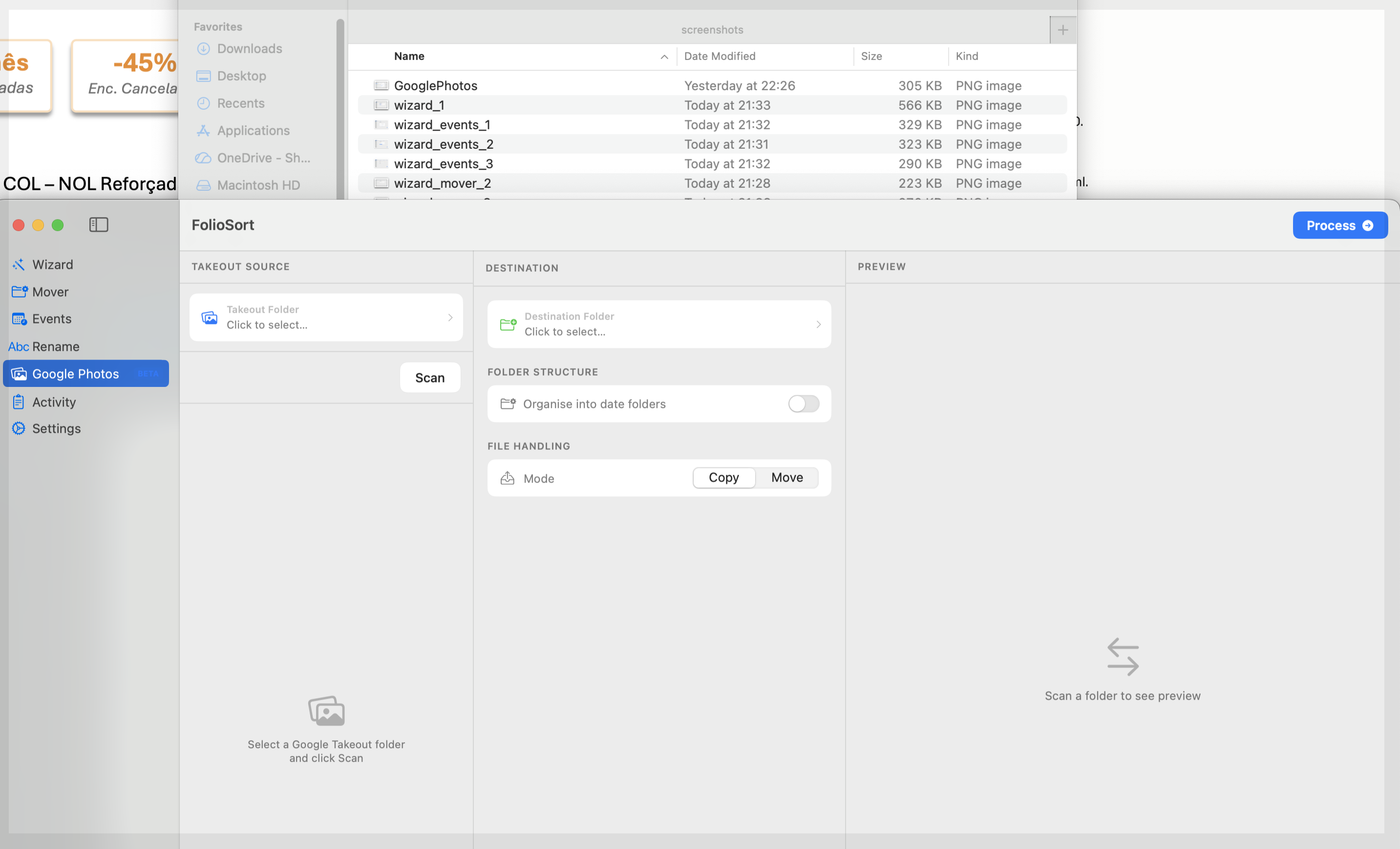 FolioSort Google Photos module — empty state, ready to select a Takeout folder