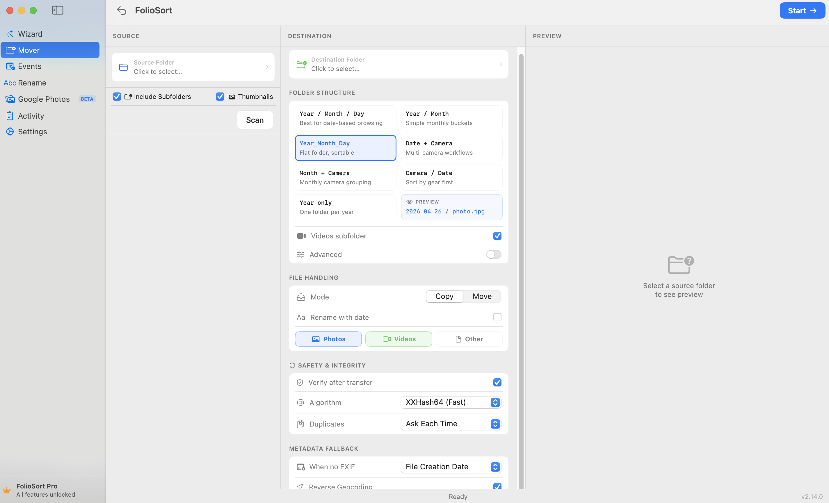 FolioSort Mover module — ready to scan a source folder