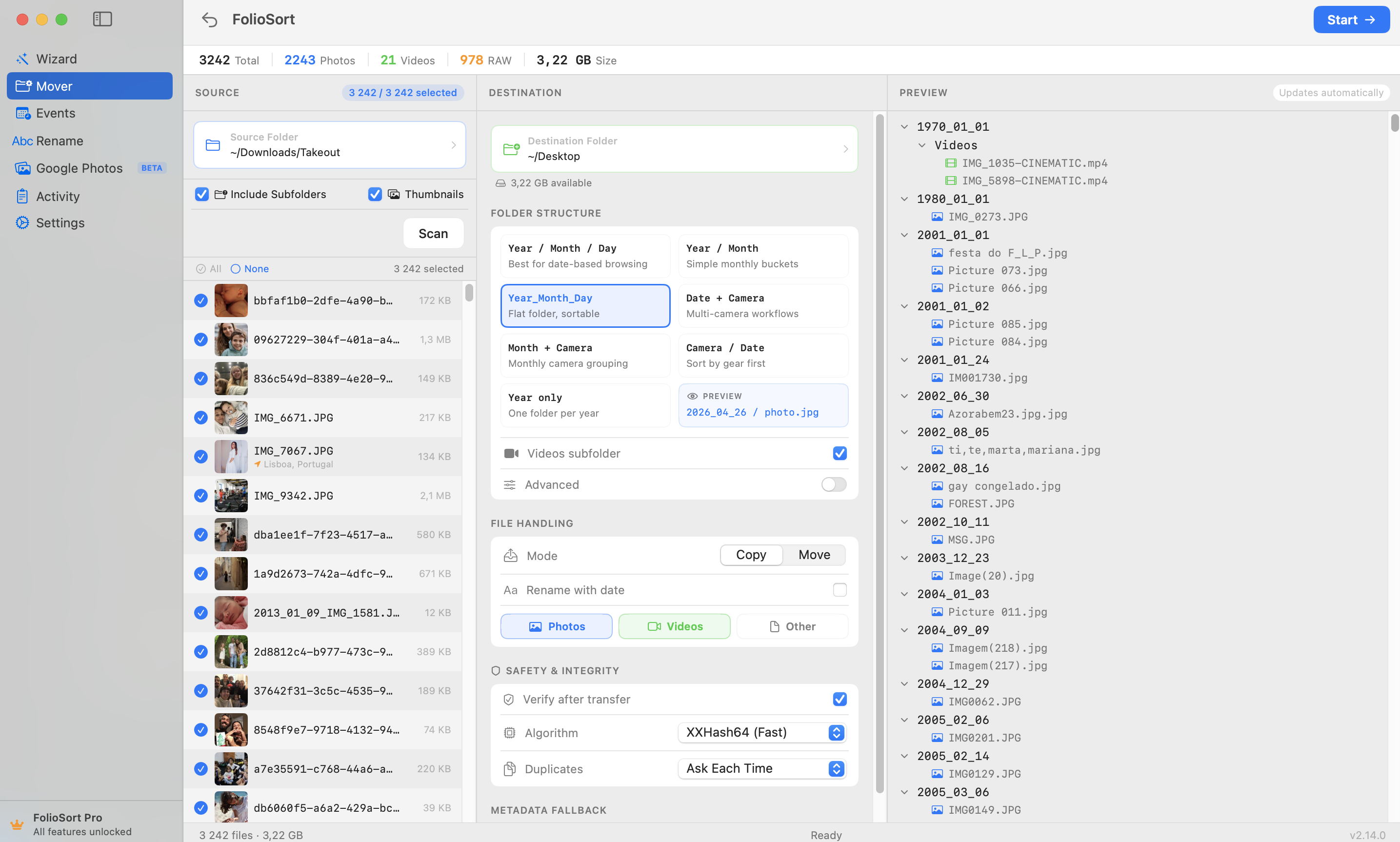FolioSort Mover — file list with destination preview after scanning
