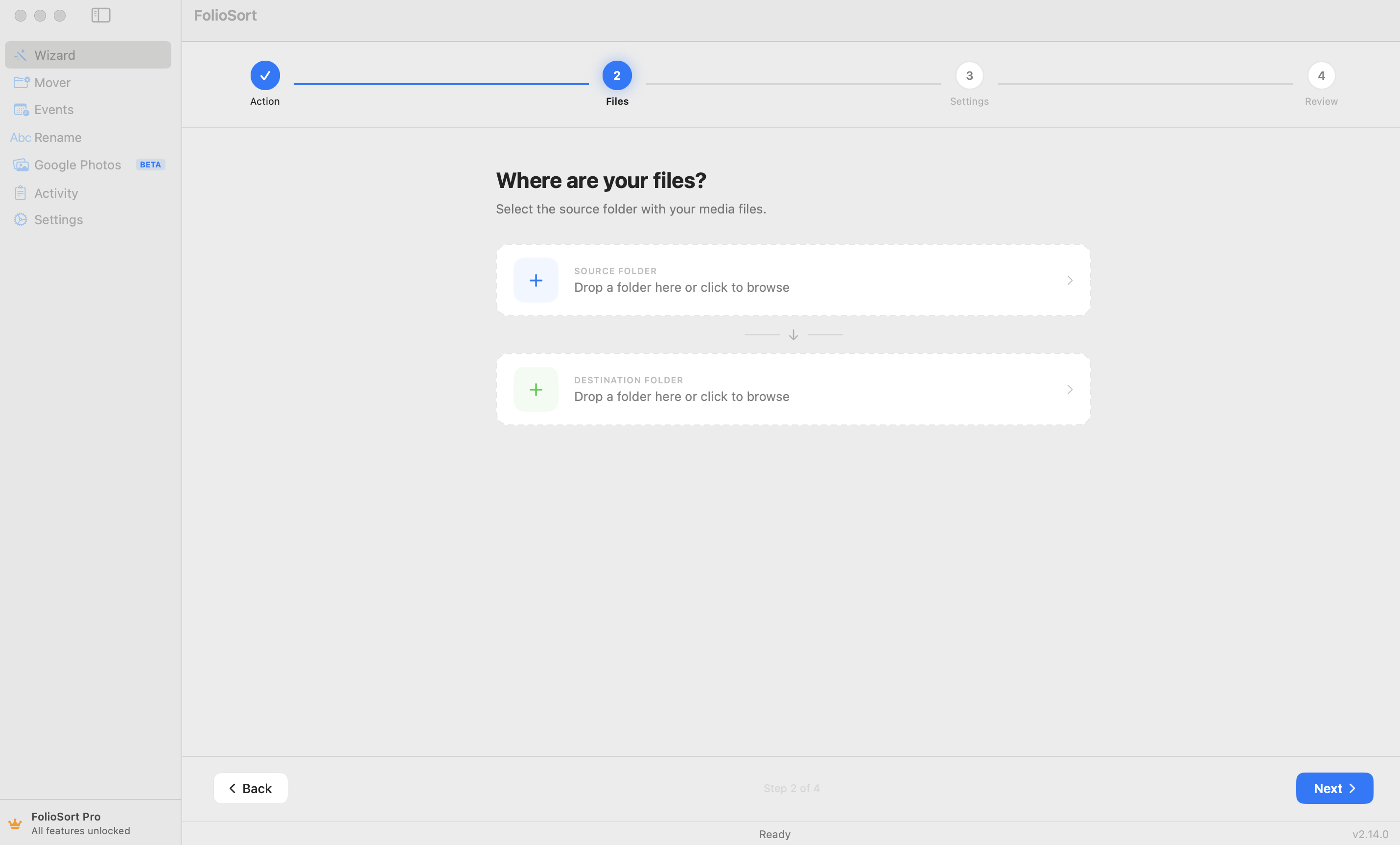 Wizard Mover step 2 — choose source and destination folders