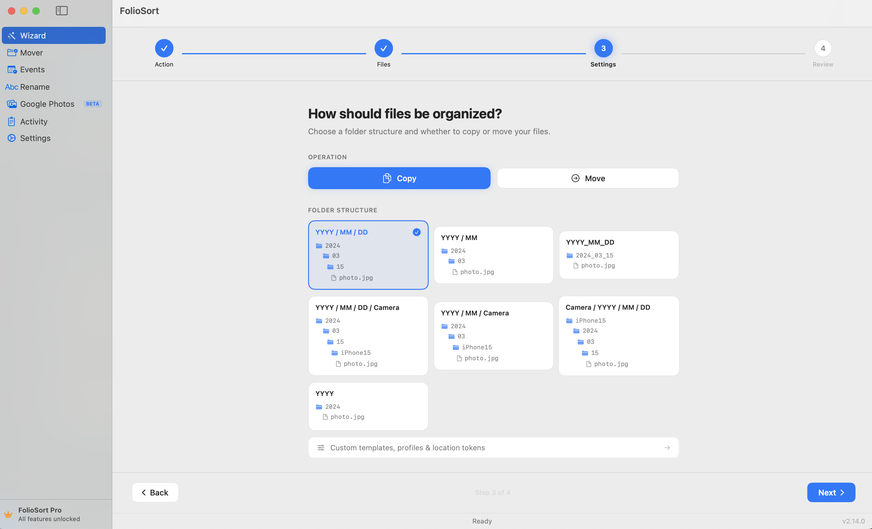 Wizard Mover step 4 — configure folder template