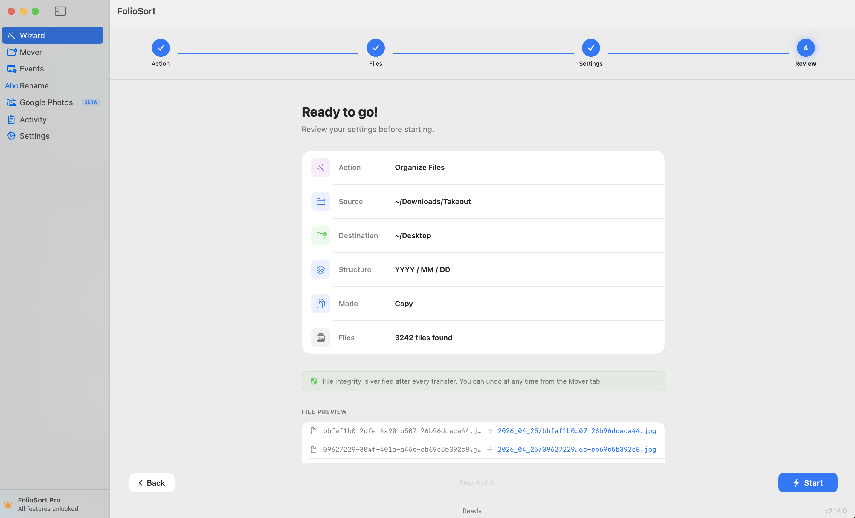 Wizard Mover step 5 — file preview before organizing