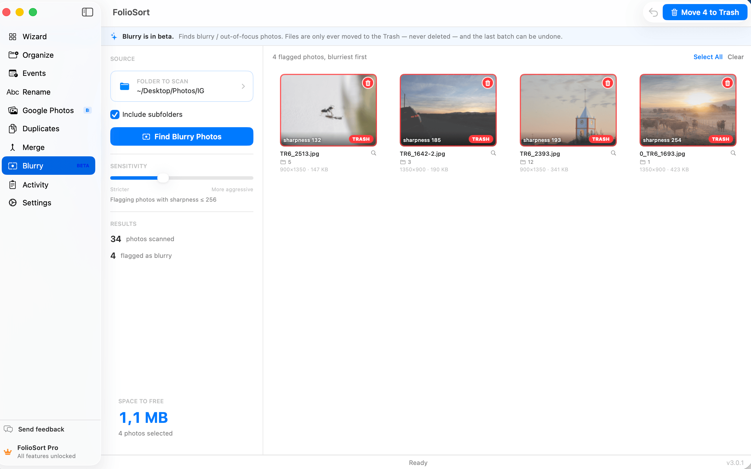 FolioSort Blurry — automatically detect and filter out out-of-focus or blurry photos from your collection