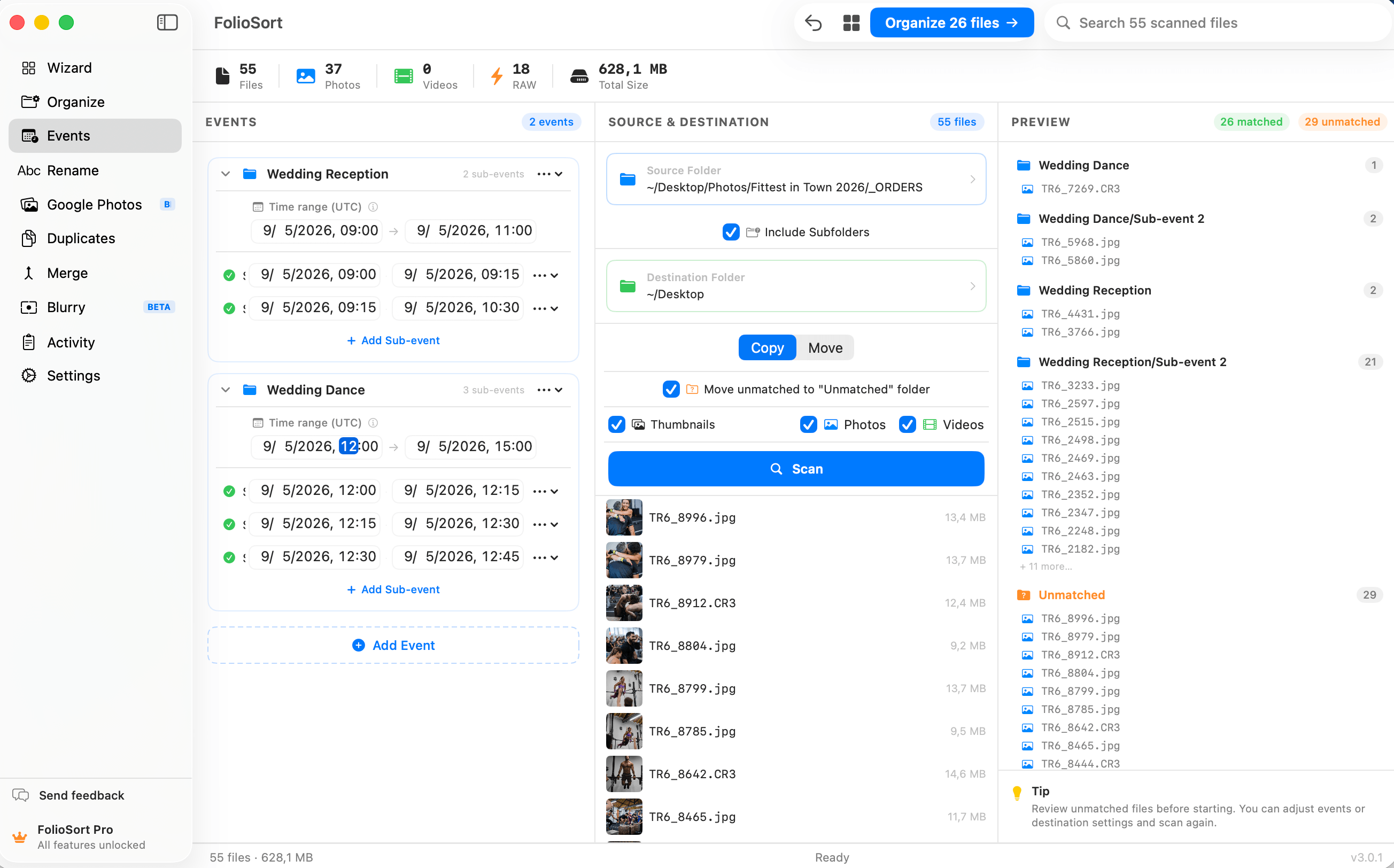 FolioSort Events — define wedding or shoot time blocks, sort photos from multiple cameras by EXIF timestamp