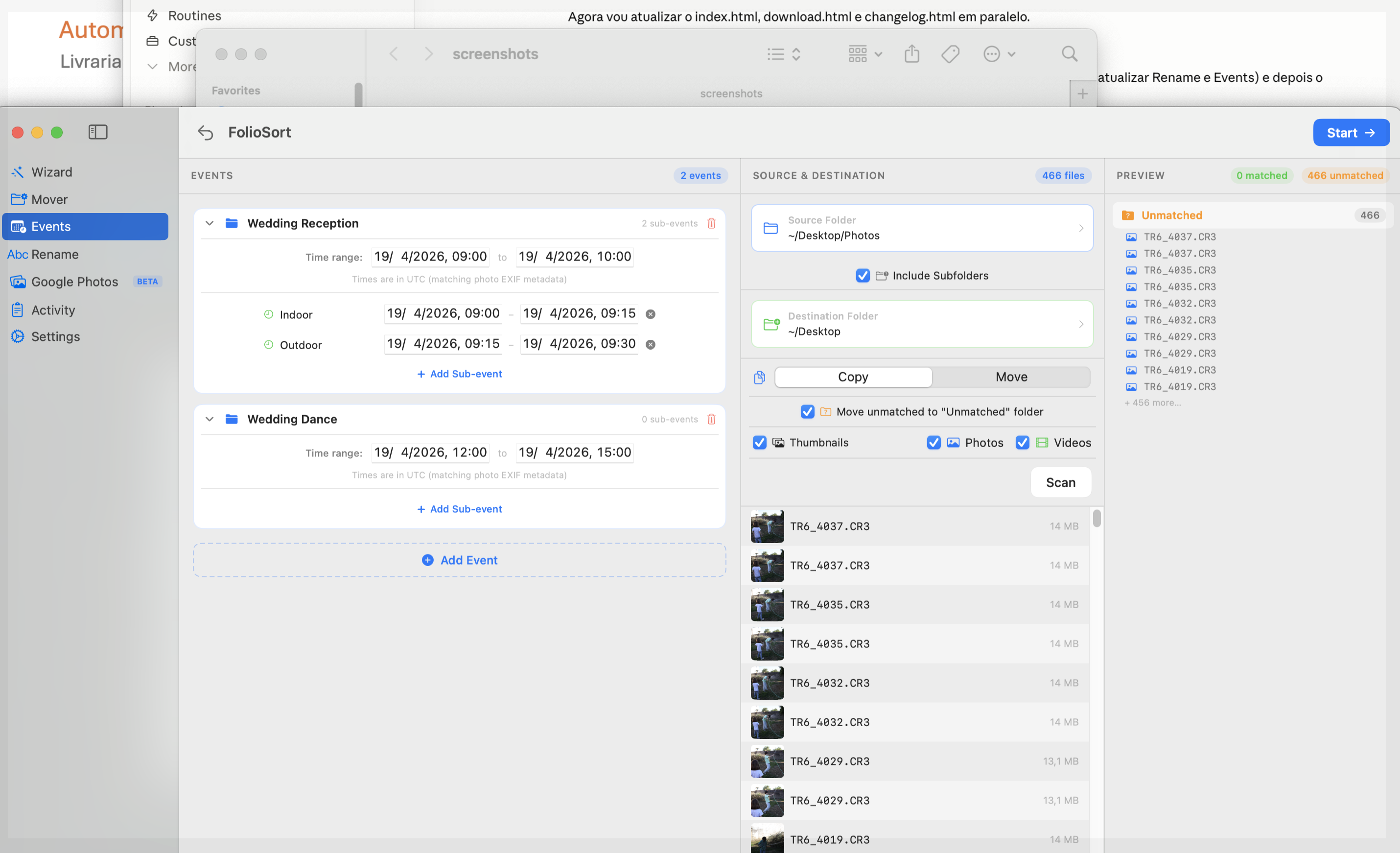 FolioSort Events module — photos matched to event time windows