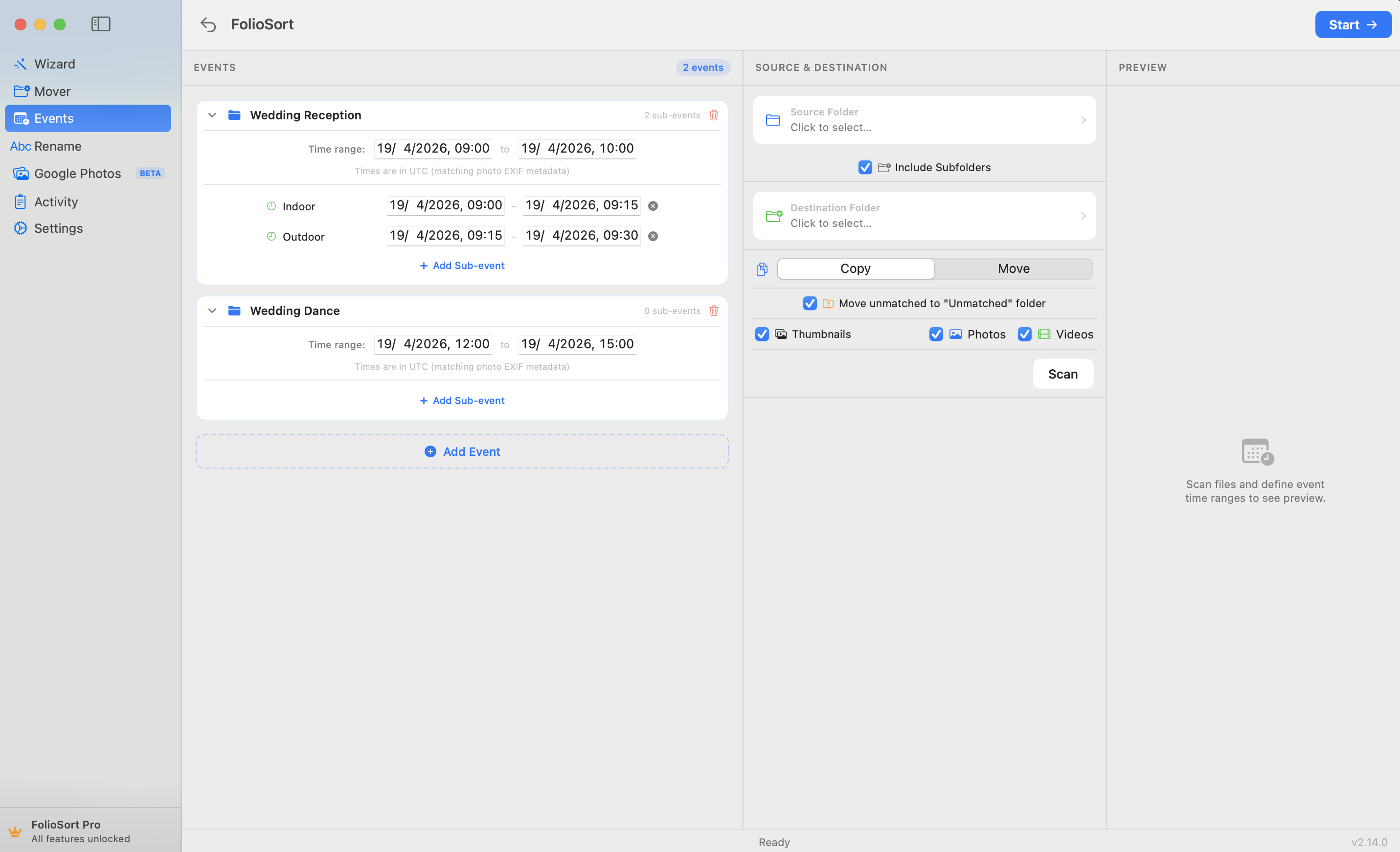 FolioSort Events module empty state — ready to define your first event group