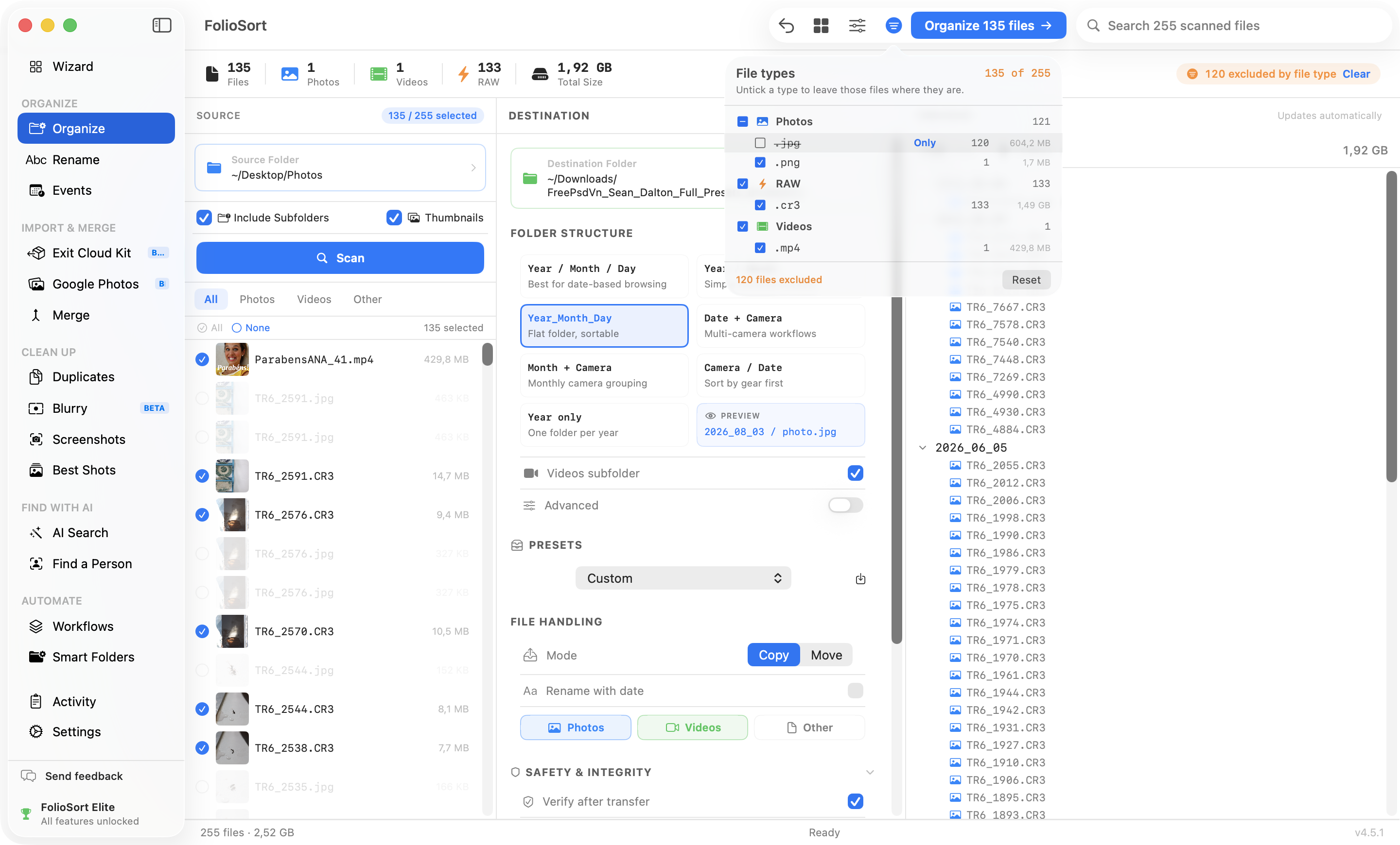 FolioSort's File types picker open over a scanned folder: .jpg unticked with 120 files excluded, 133 .cr3 files kept, and the run button reading Organize 135 files
