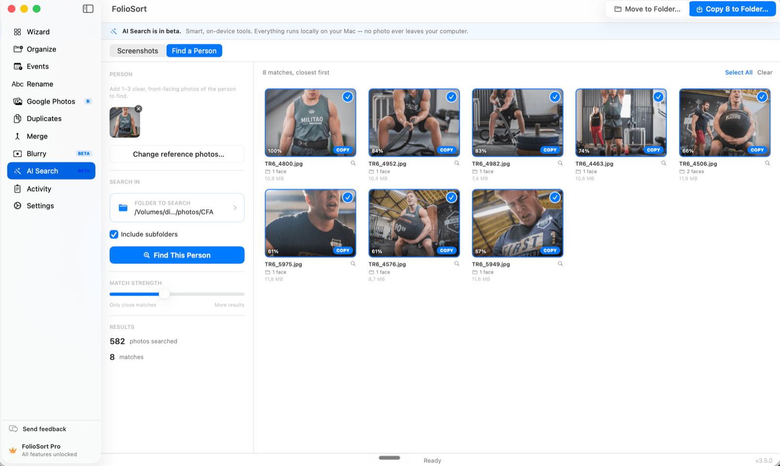 FolioSort Find a Person — private on-device face search, add a few reference photos and find every shot of someone in a folder