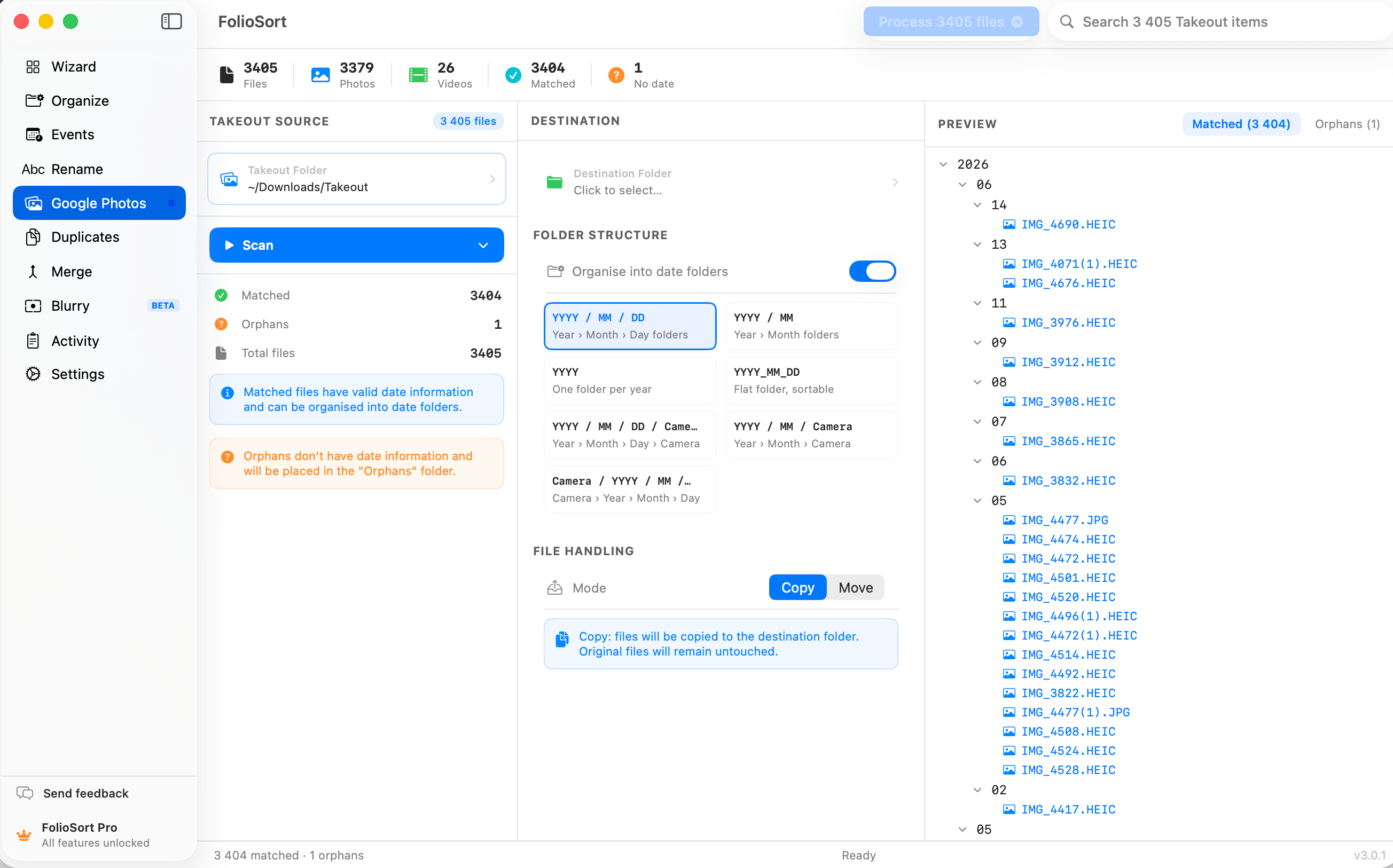 FolioSort Google Photos — import Takeout, restore metadata and organize your library