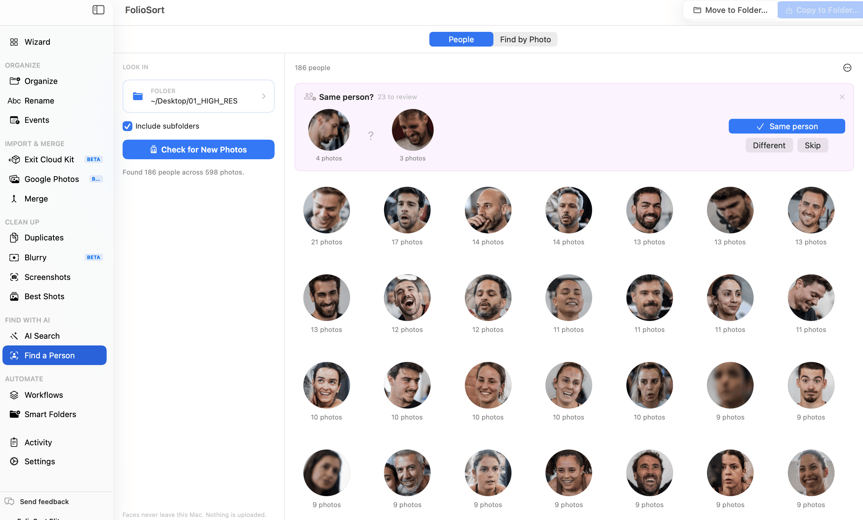 FolioSort People screen showing 186 people grouped automatically from a folder, with a Same person? review card and a grid of named and unnamed faces sorted by photo count