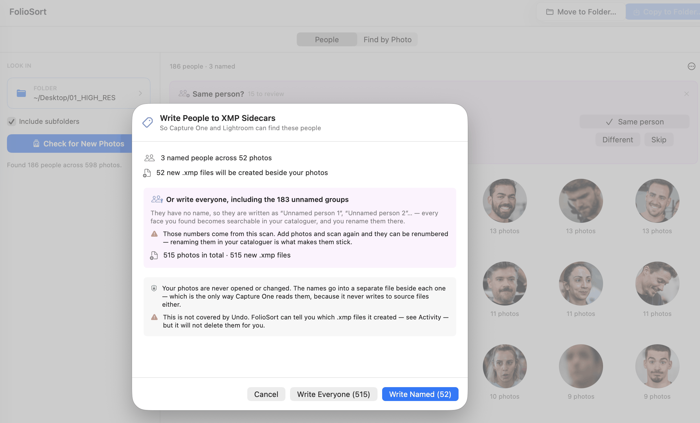 FolioSort's Write People to XMP Sidecars dialog: 3 named people across 52 photos, an option to also write the 183 unnamed groups, and a note that originals are never opened or changed