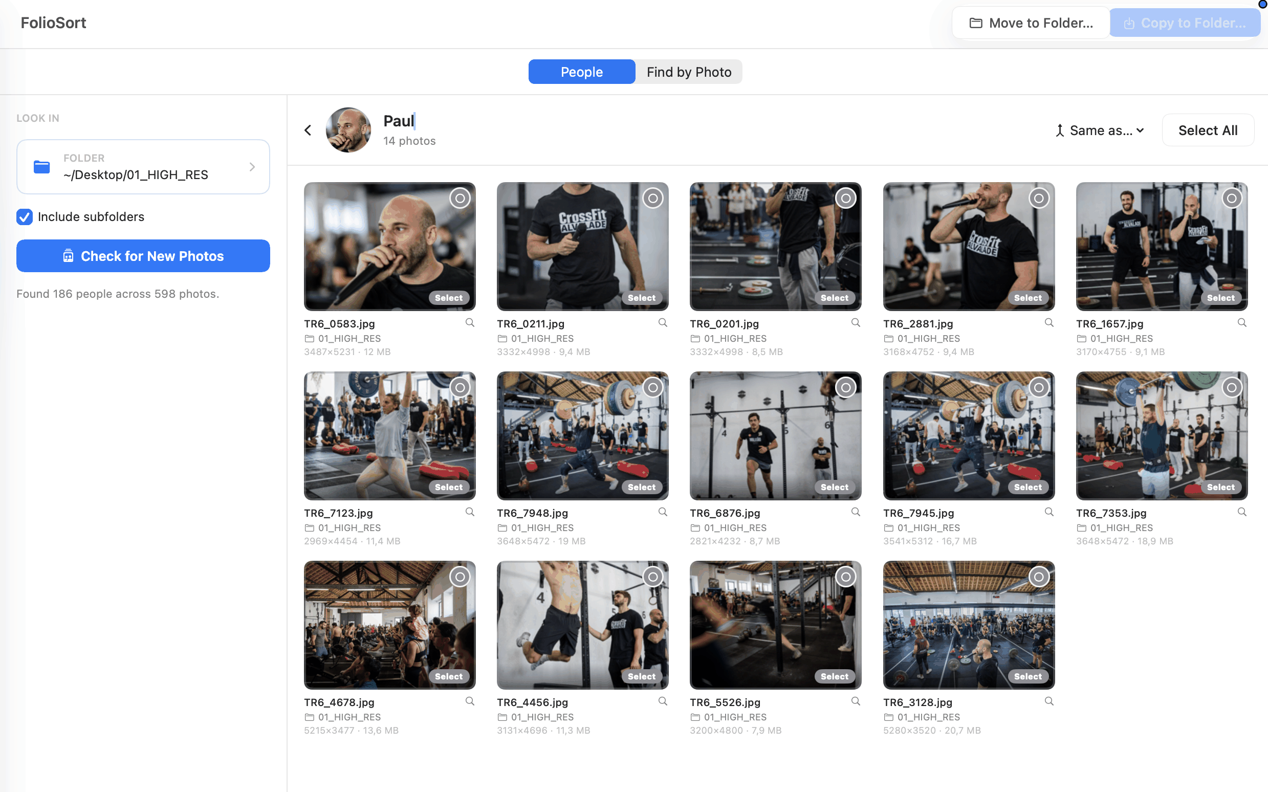 A named person's page in FolioSort titled Paul with 14 photos, showing every photo of him in a grid ready to select, copy or move