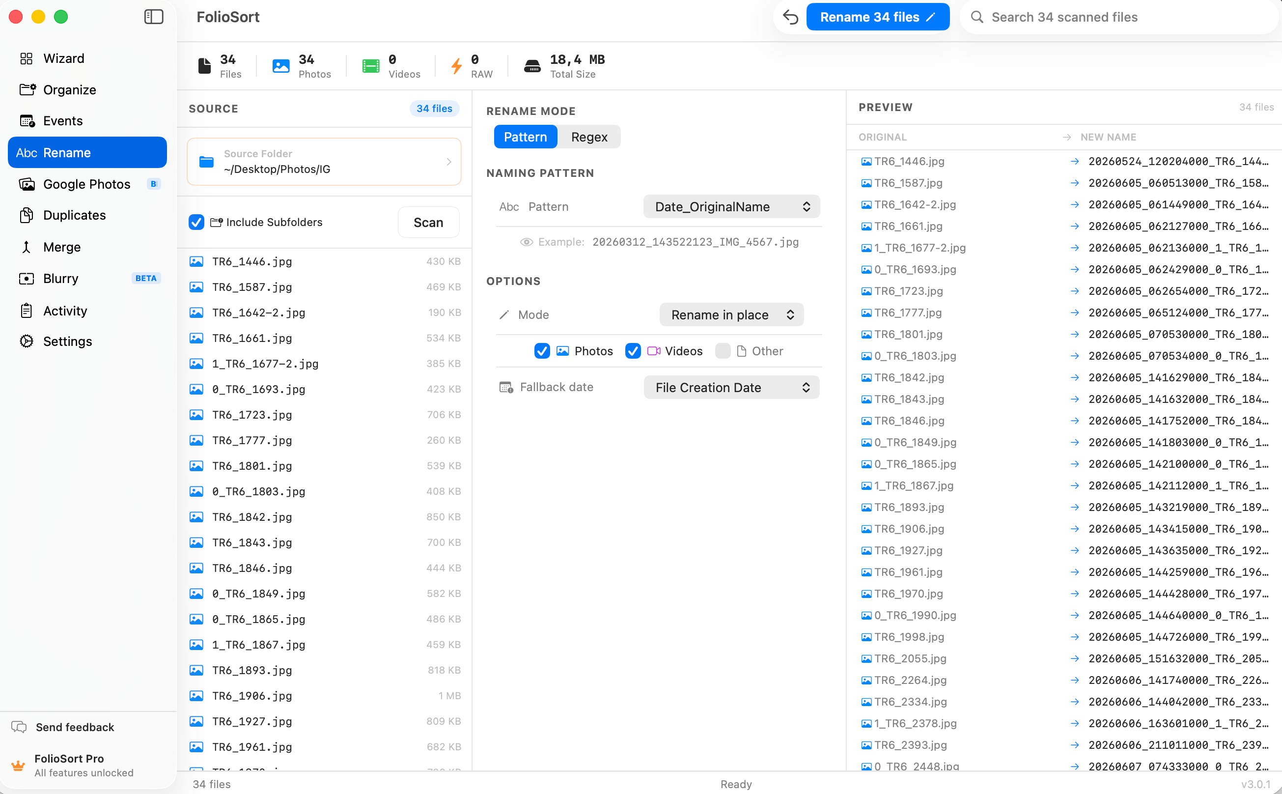 FolioSort Rename — batch rename with Pattern and Regex modes, live preview