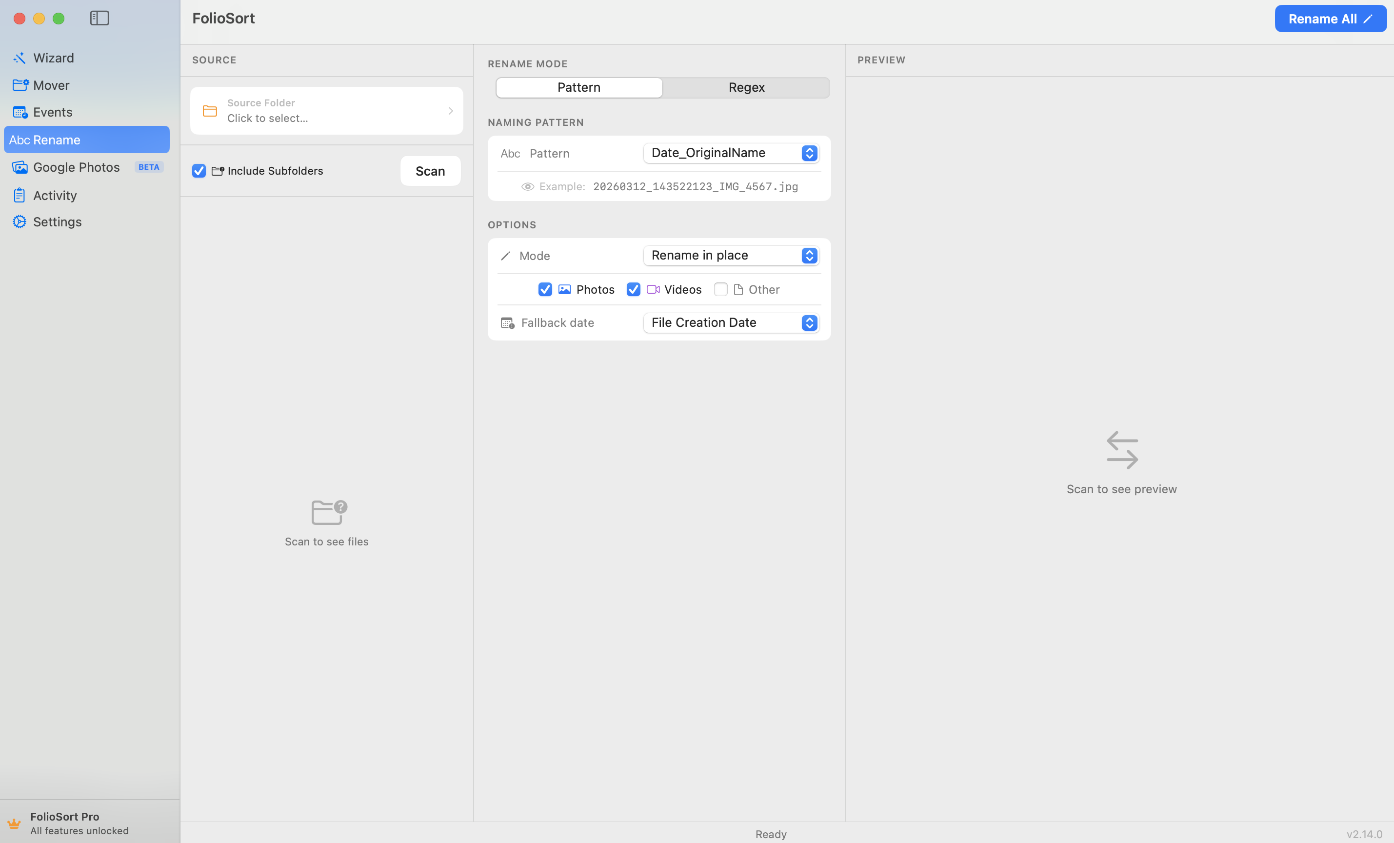 FolioSort Rename module — ready to configure a naming pattern