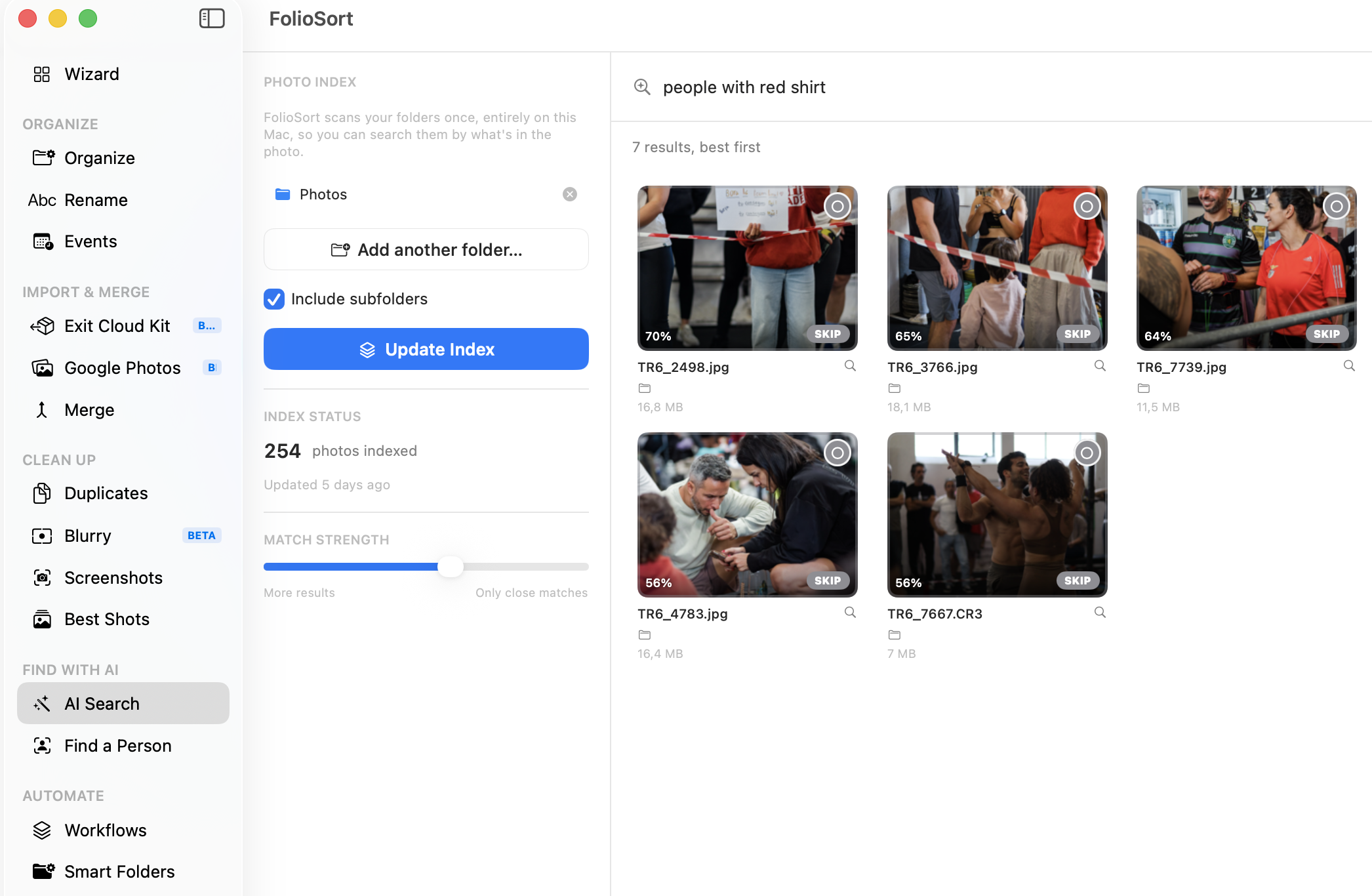 FolioSort AI Photo Search — natural-language results ranked from a local photo library