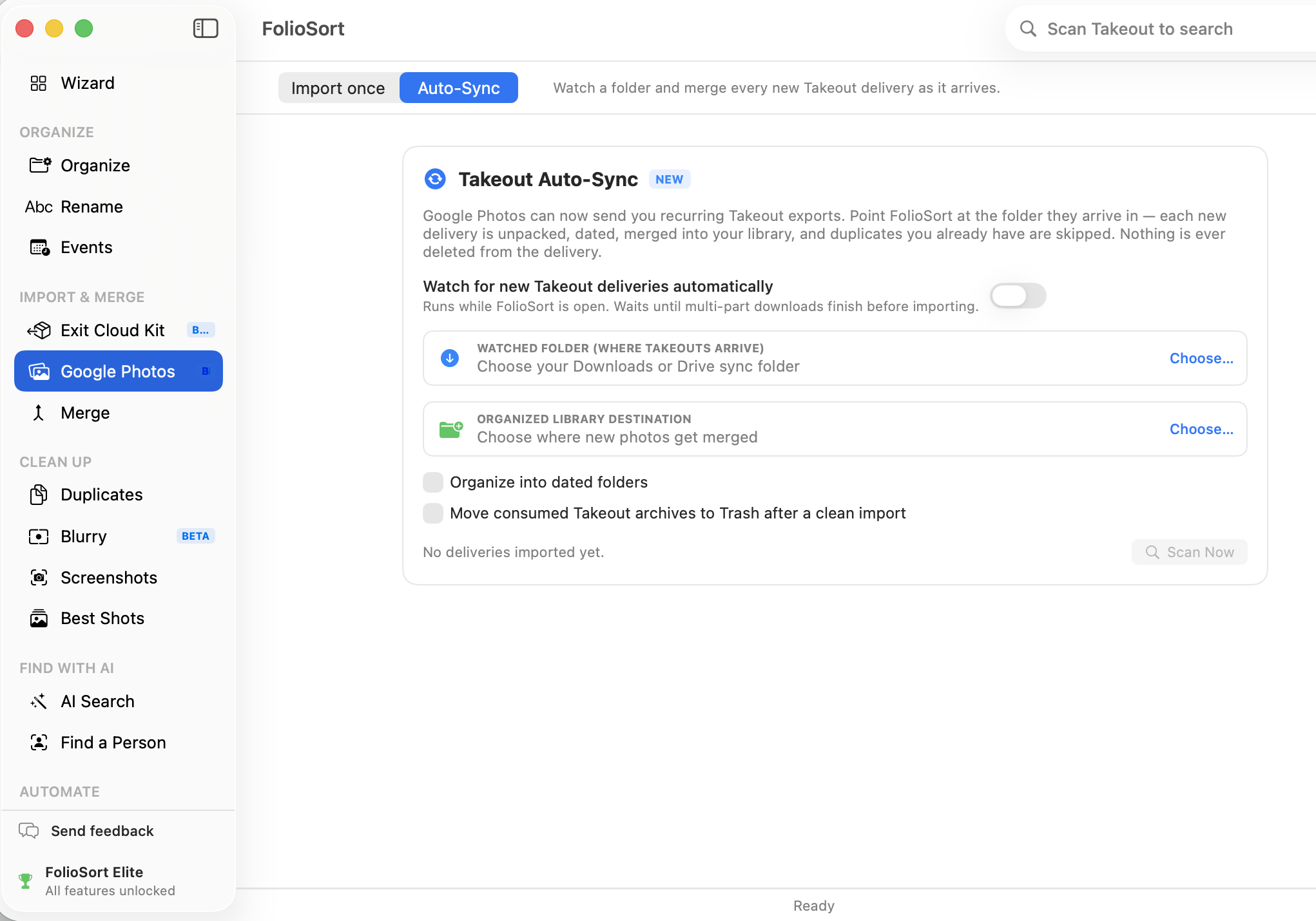 FolioSort's Takeout Auto-Sync screen: watched folder, destination library and Scan Now button
