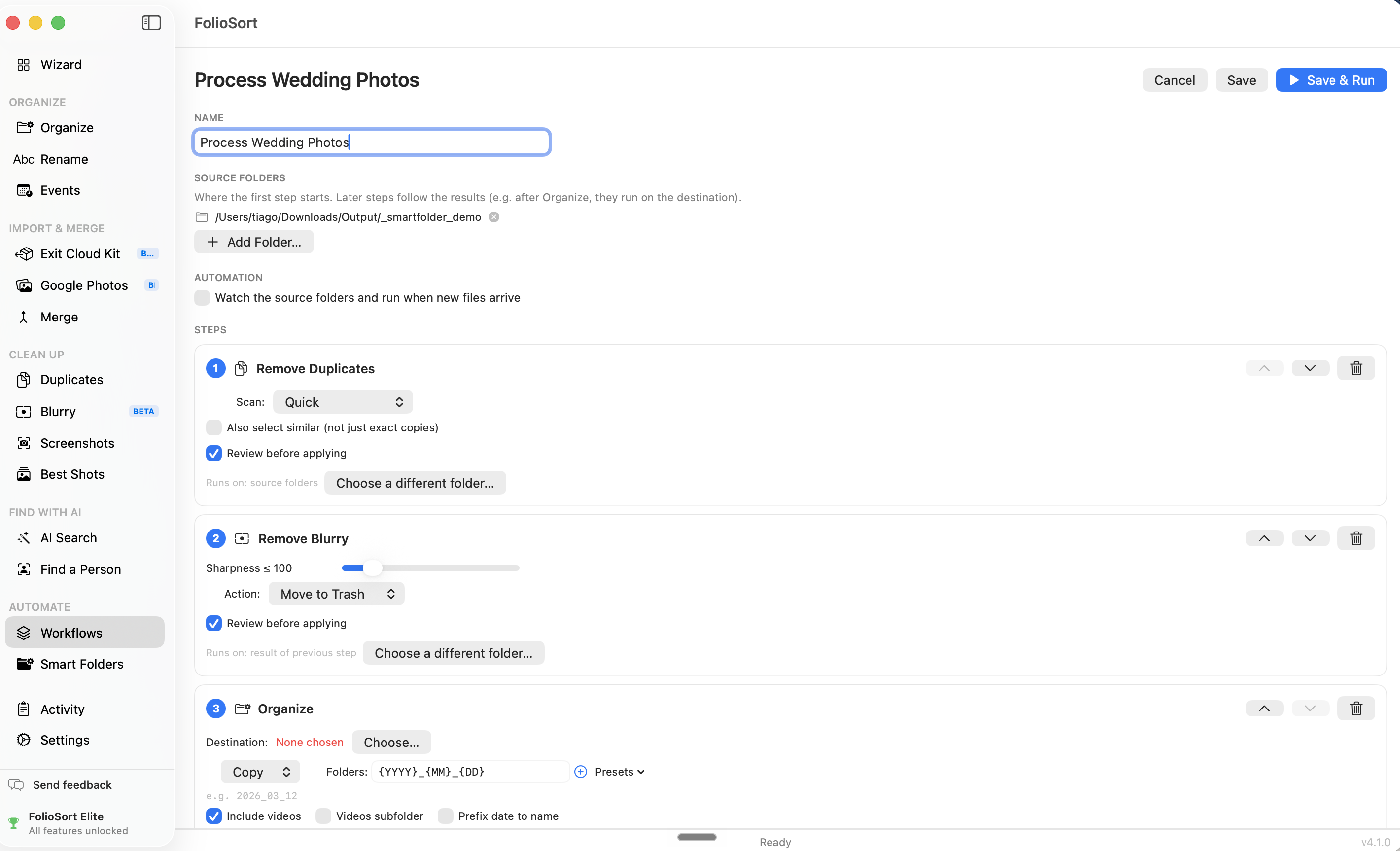 FolioSort Workflows — un pipeline de nettoyage photo multi-étapes enregistré : Organiser, Supprimer les doublons, Renommer, Nettoyer les captures d'écran, Supprimer les floues