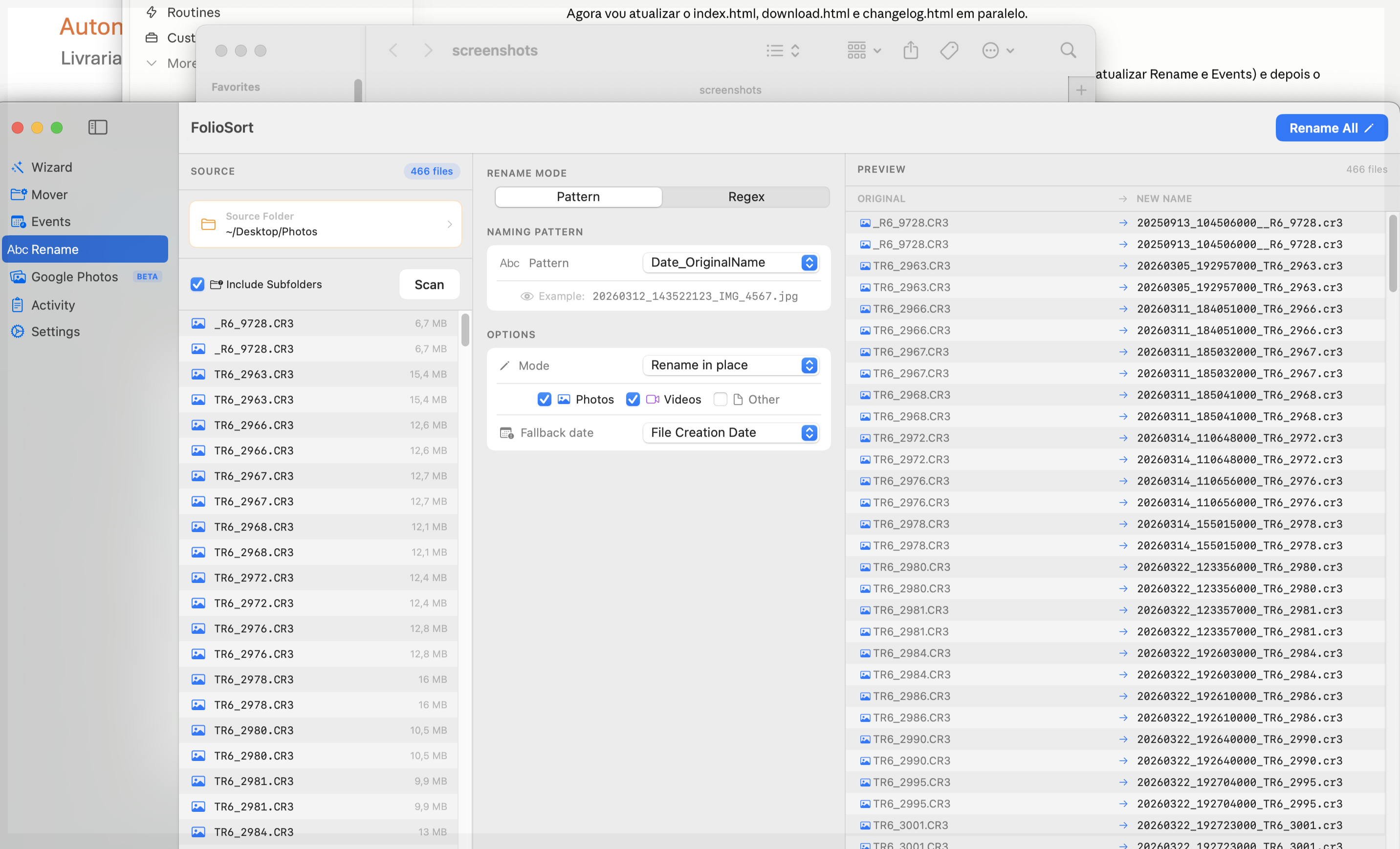 FolioSort Rename — live preview of filename changes across a full folder scan