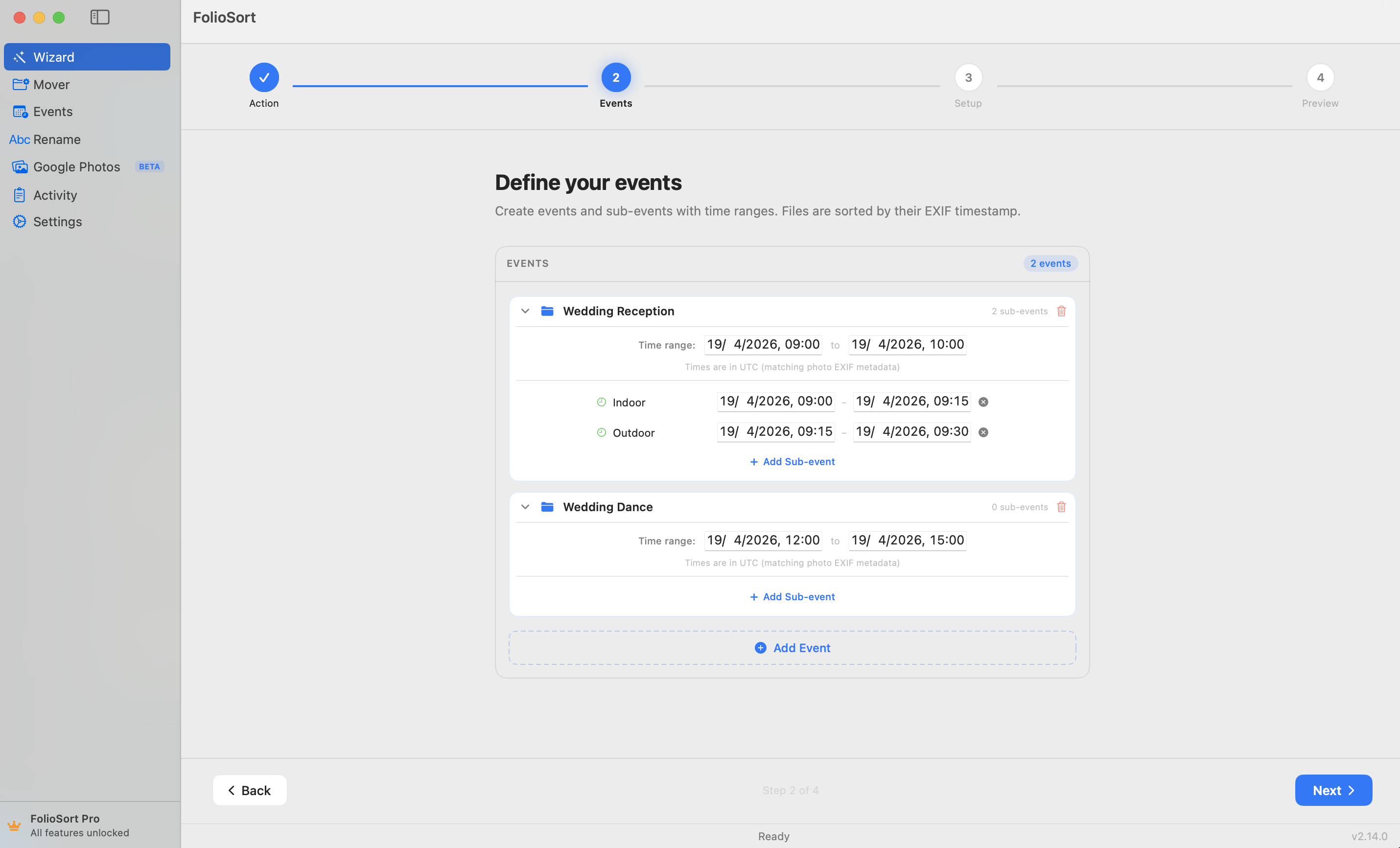 Events Wizard step 1 — define event groups and time ranges