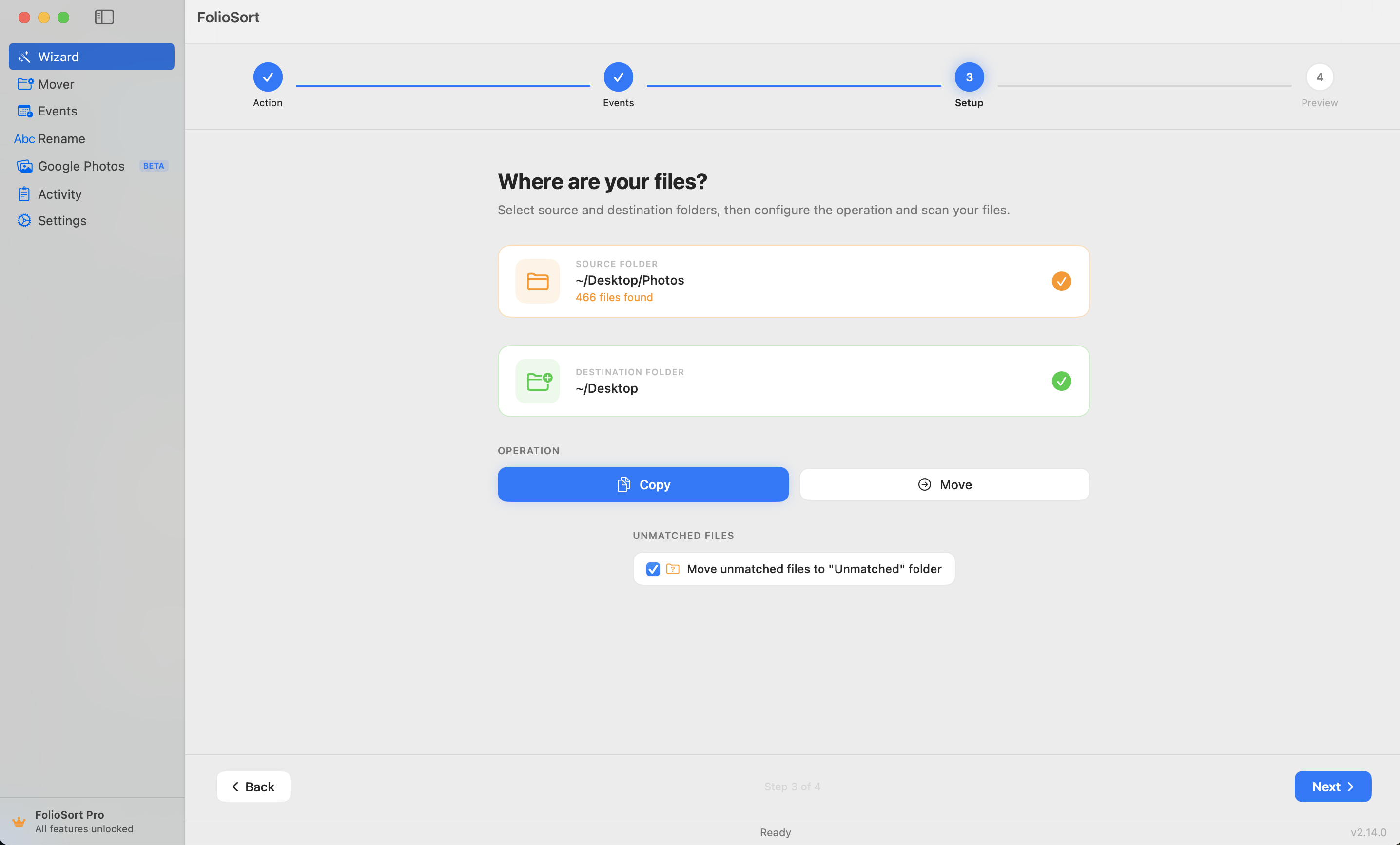 Events Wizard step 2 — source and destination folders