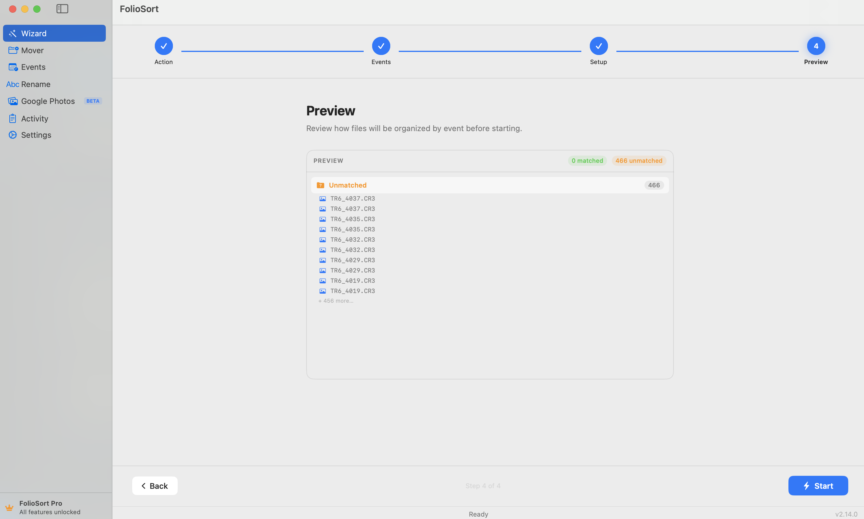 Events Wizard step 3 — full file preview before organizing