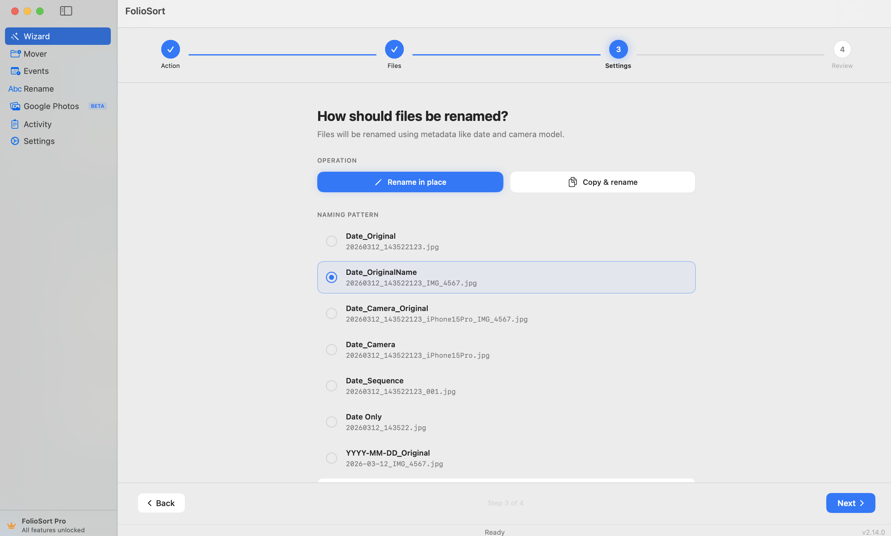 Rename Wizard step 2 — configure the pattern