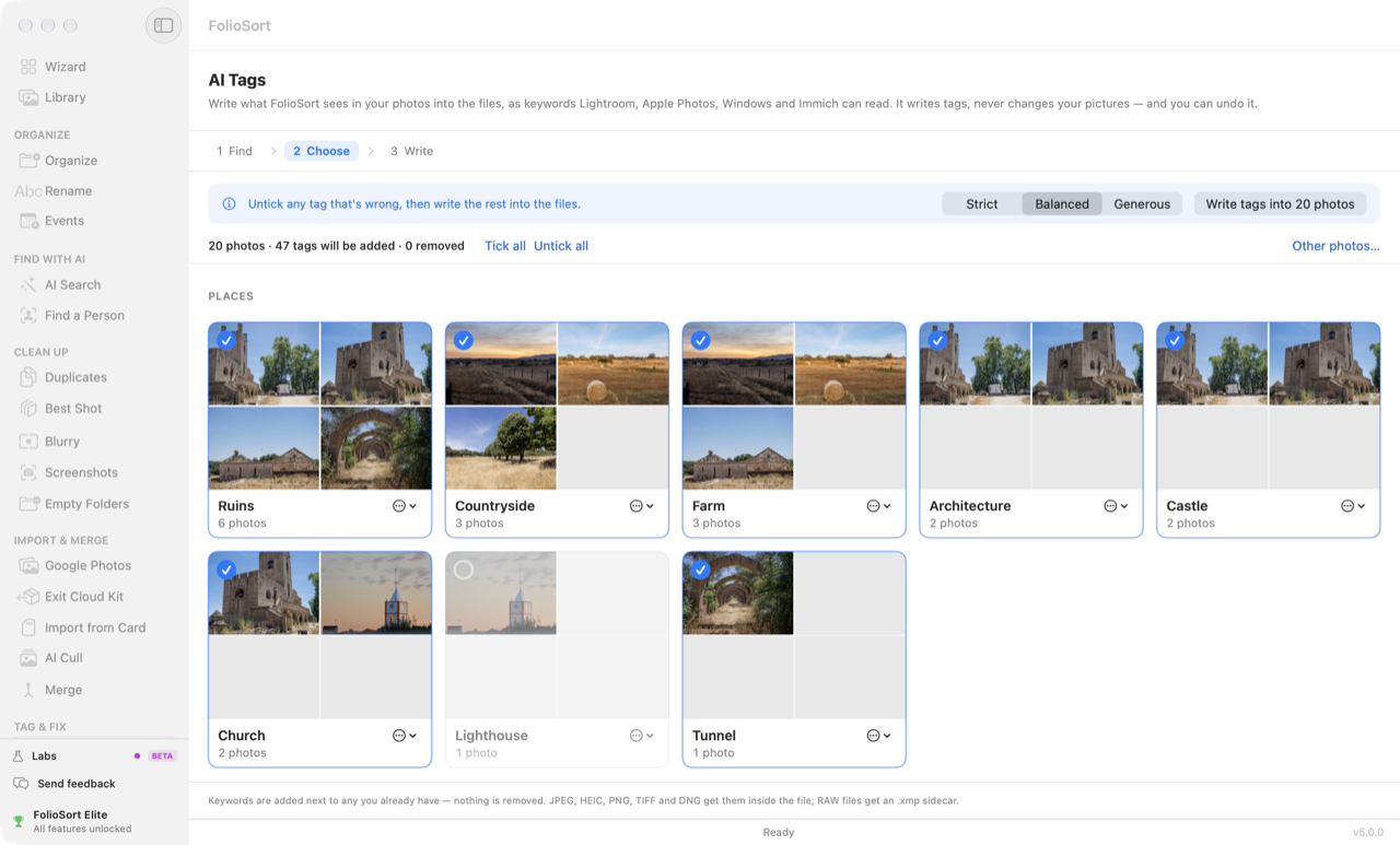 FolioSort AI Tags, step 2 Choose: tag cards in the Places category — Ruins, Countryside, Farm, Architecture, Castle, Church and Tunnel ticked, Lighthouse unticked — with Strict, Balanced and Generous and the button Write tags into 20 photos