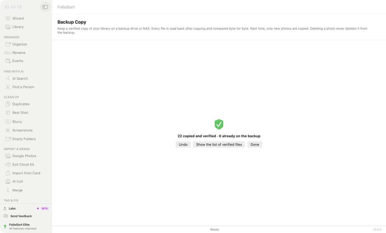FolioSort Backup Copy finished: 22 copied and verified, 0 already on the backup, with Undo, Show the list of verified files and Done