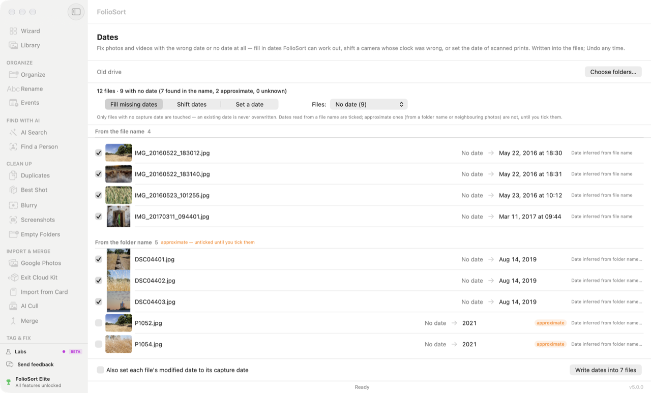 FolioSort Dates, Fill missing dates: 12 files, 9 with no date — four dated from the file name, ticked; others from the folder name, with the approximate ones unticked; each row shows No date → the proposed date, and the button Write dates into 7 files