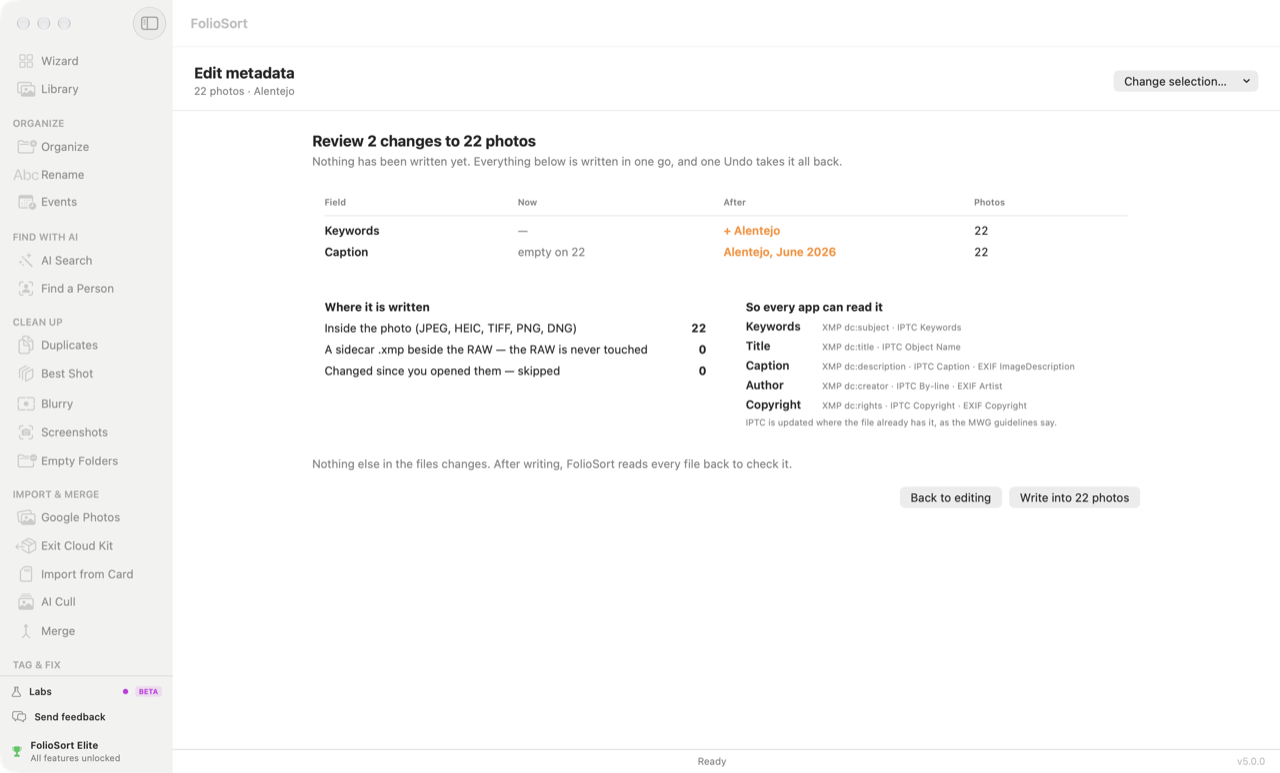 FolioSort Edit metadata, Review screen: each change listed with its field, what it says now, what it will say after and on how many photos, followed by where it is written and the standard tags used for each field