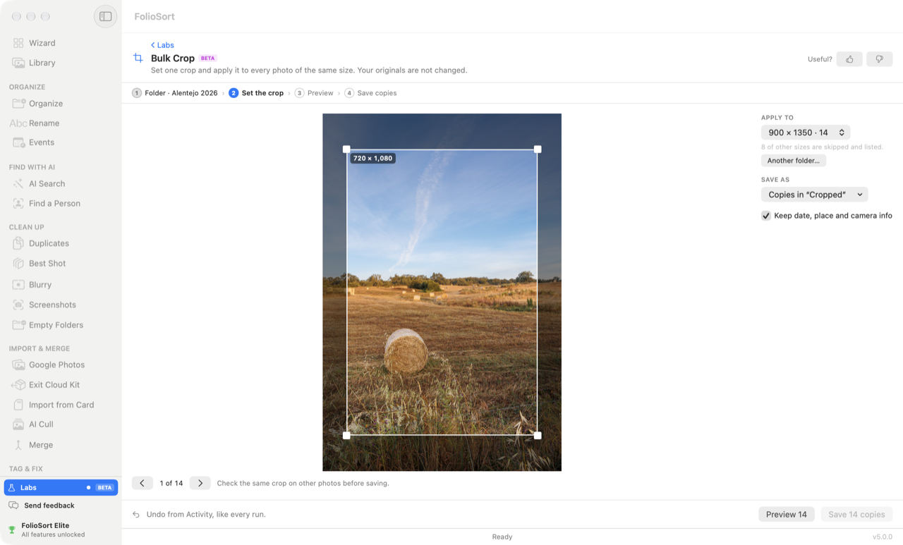 FolioSort Labs Bulk Crop: a crop box on one of 14 photos of 900 × 1350, with Keep date, place and camera info ticked