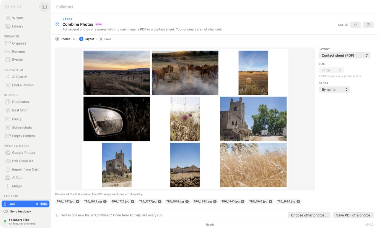 FolioSort Labs Combine Photos: a contact sheet PDF of 9 photos with their names, previewed before saving