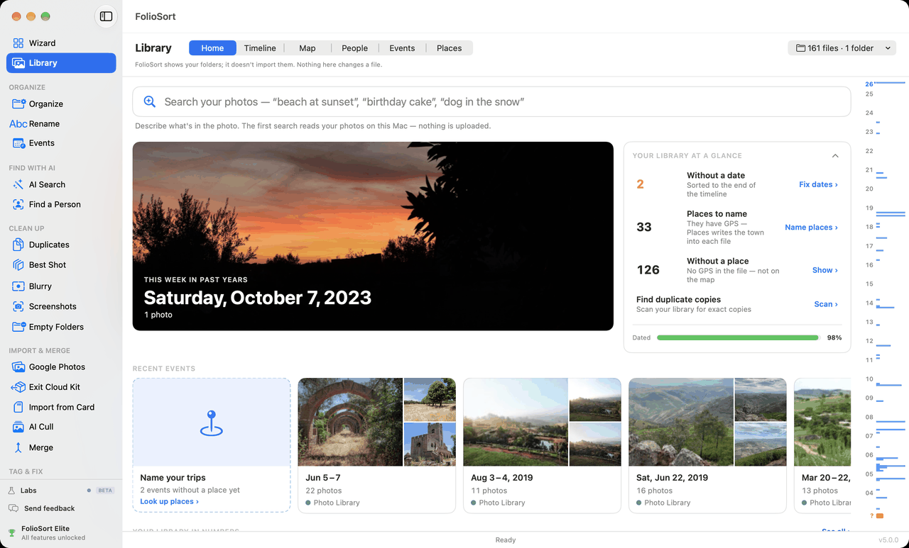 FolioSort Library Home: a search box, a photo from this week in past years, a library-at-a-glance card with photos to date and places to name, and the most recent events