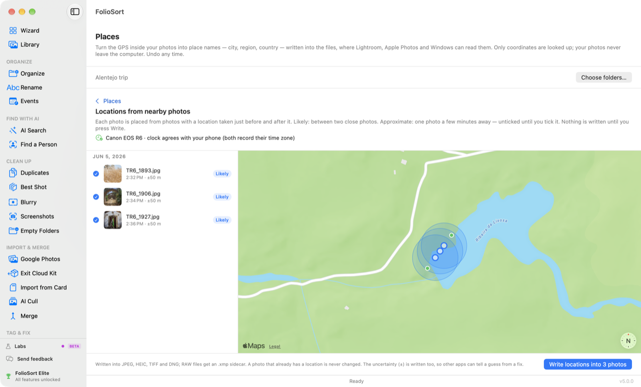 FolioSort Places: Locations from nearby photos — camera photos placed as Likely from the phone photos around them, shown on a map before anything is written