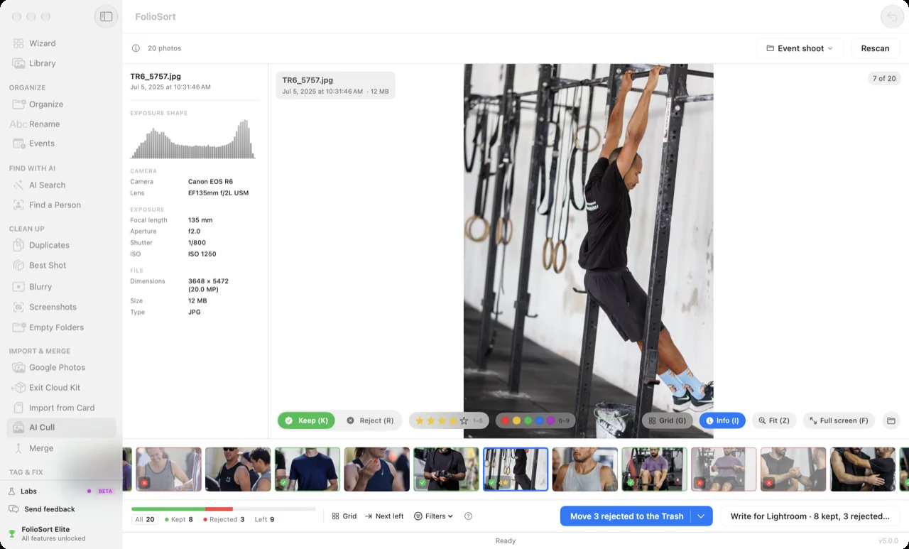 FolioSort AI Cull: one frame of a 20-photo gym shoot with its camera and exposure details, keep and reject buttons and a filmstrip of the rest