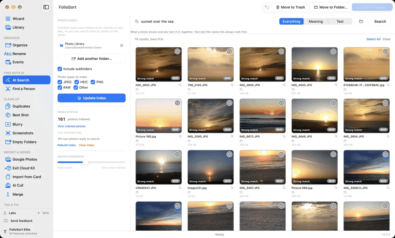 FolioSort 5 AI Search: the query sunset over the sea returns 74 photos from a 161-photo library, best match first, from an index built on the computer