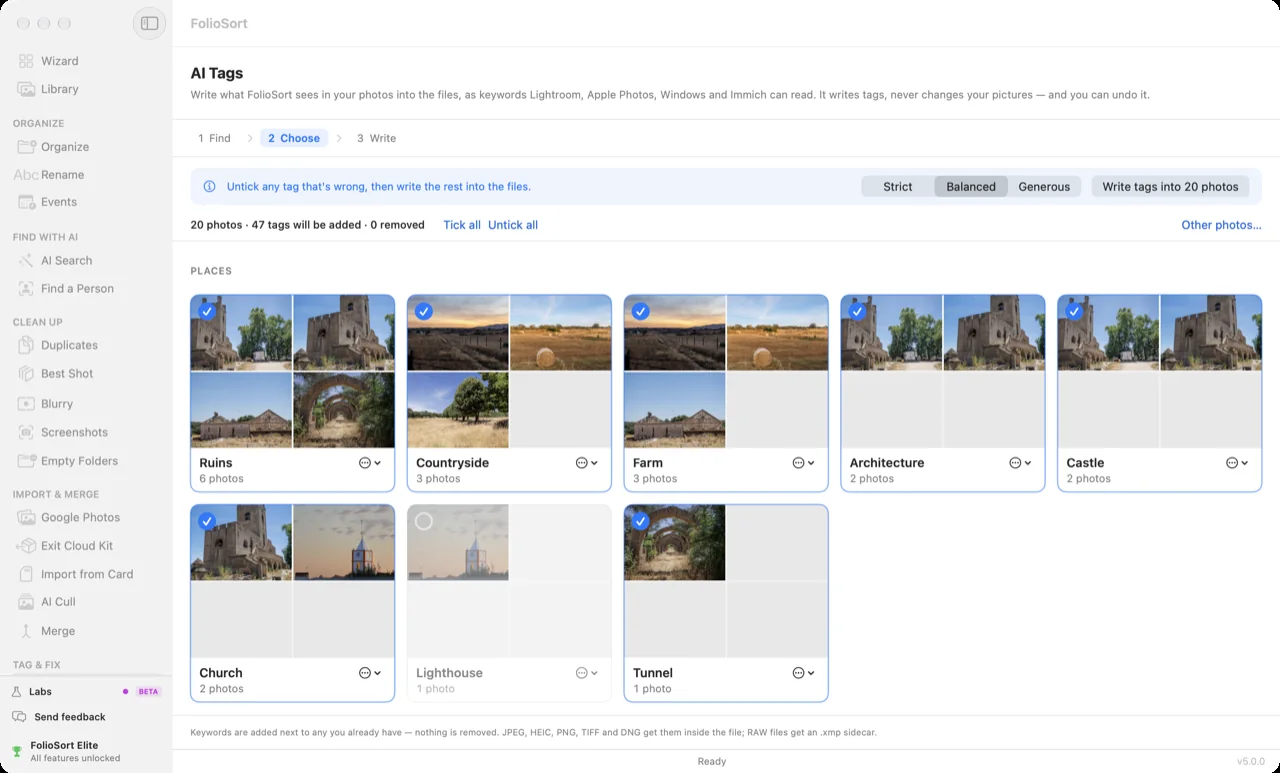 FolioSort AI Tags: proposed keywords shown as cards — Ruins, Countryside, Farm, Architecture, Castle, Church, Lighthouse, Tunnel — each with its photos, ticked or unticked before writing