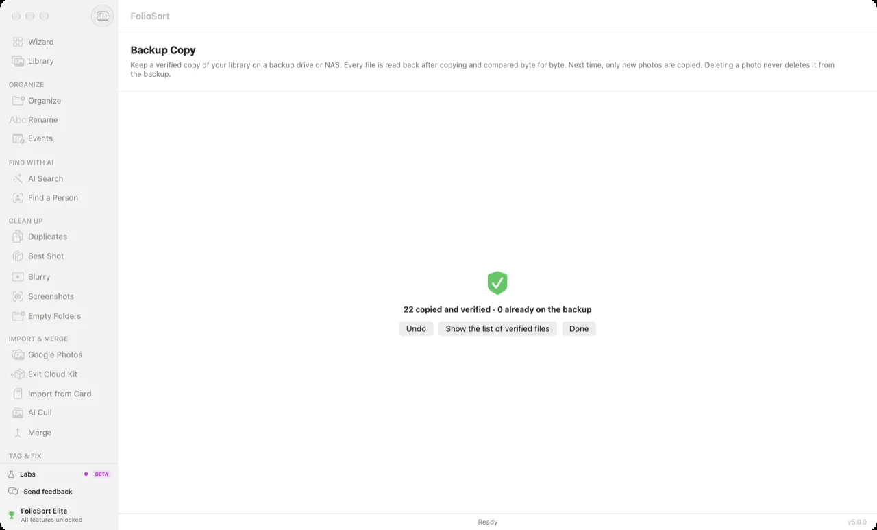 FolioSort Backup Copy, finished: 22 photos copied and verified, 0 already on the backup