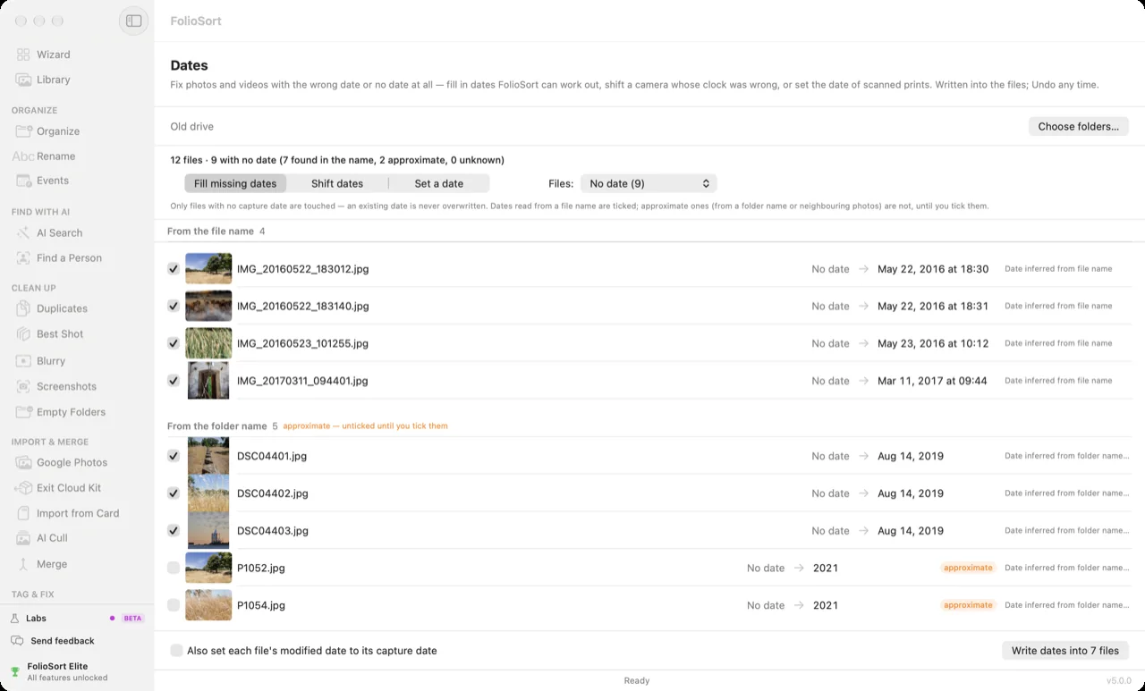FolioSort Dates: twelve files with no capture date, each with the date worked out from its file name or folder name, ticked for review before writing