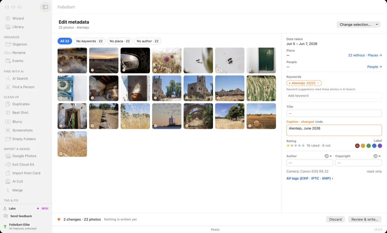 FolioSort Edit metadata: 22 photos selected, with their date, place, keywords, caption, rating, author and copyright shown together for one edit