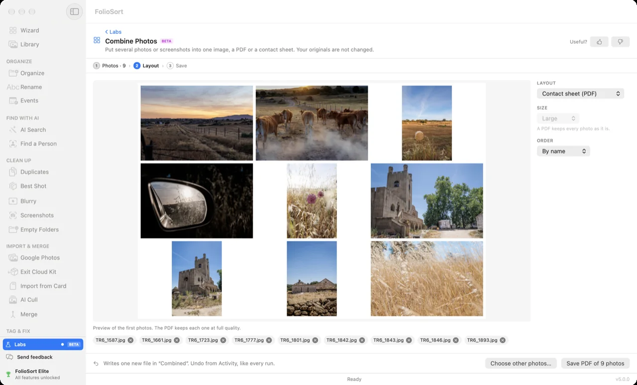 FolioSort Labs, Combine Photos: nine photos laid out as a contact sheet PDF, with the originals left untouched