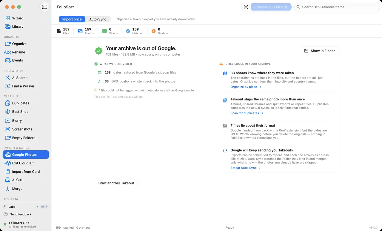 FolioSort 5 Google Photos import, finished: your archive is out of Google — 159 files, 158 dates restored from Google's sidecar files and 33 GPS locations written back into the photos