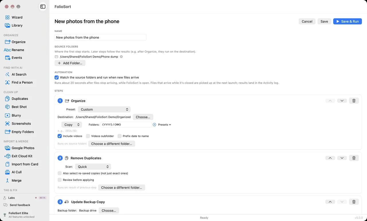 FolioSort 5 Workflow editor: a workflow called New photos from the phone watches a folder and runs Organize, Remove Duplicates and Update Backup Copy, in that order